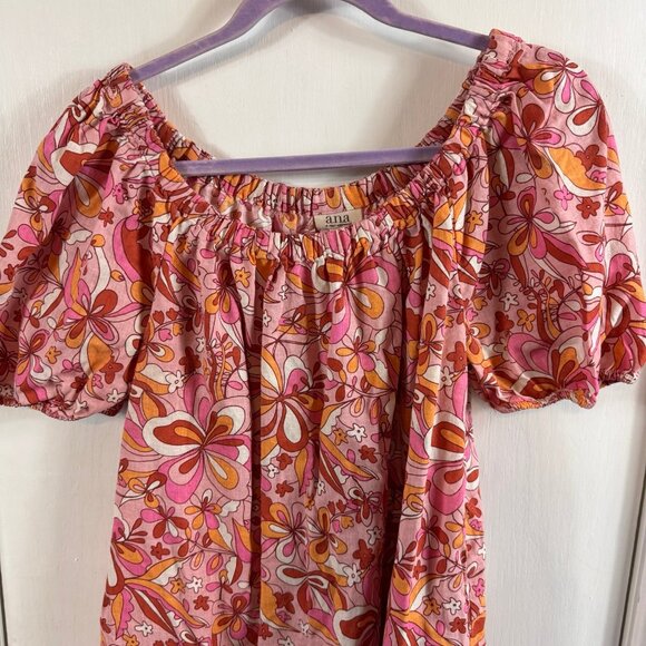 A.N.A. (A New Approach) Linen Blend Peasant Dress – Pink Orange Floral Retro - Picture 3 of 8